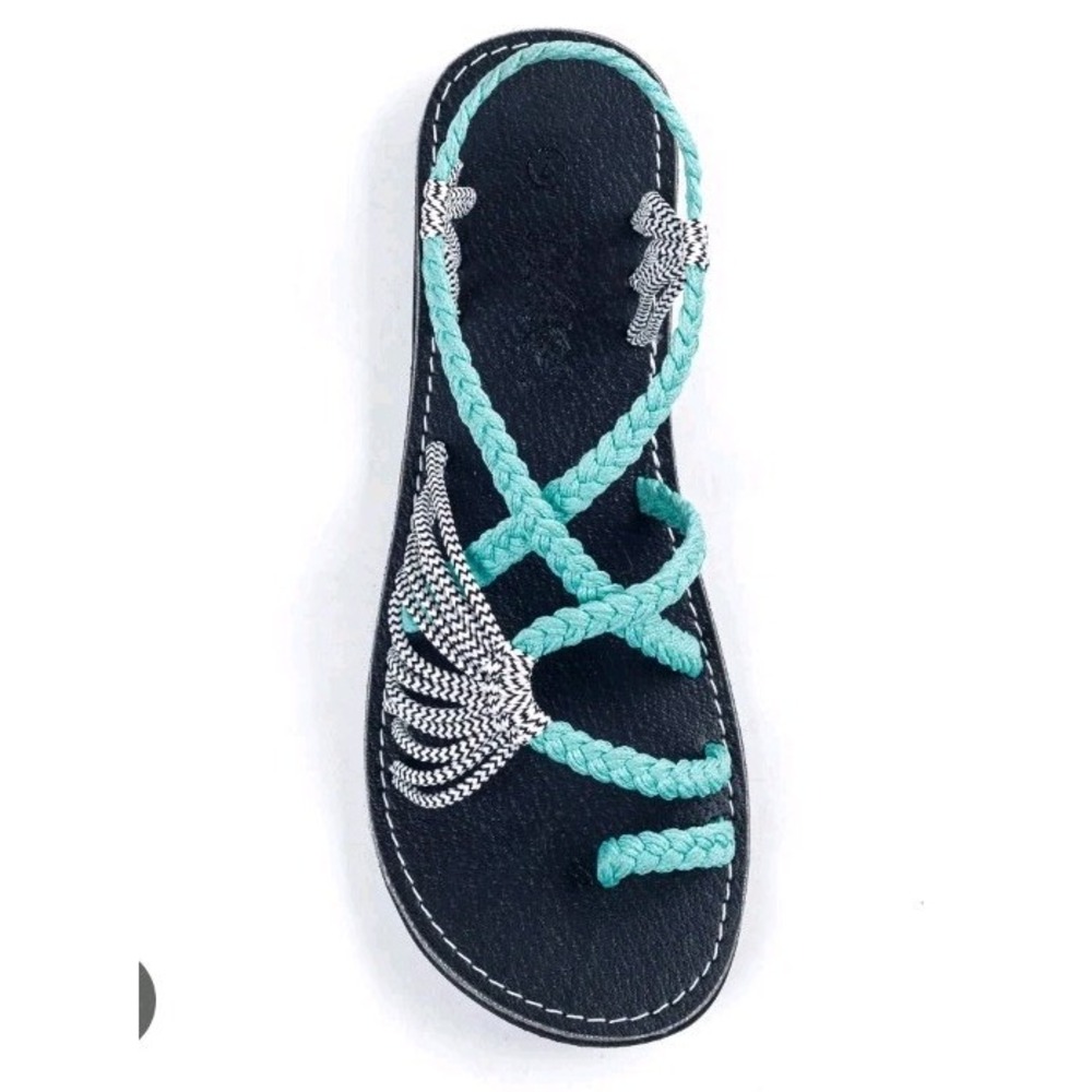 Plaka Women 7 Palm Leaf Flat Rope Sandals Turquoise Black White Strappy Boho